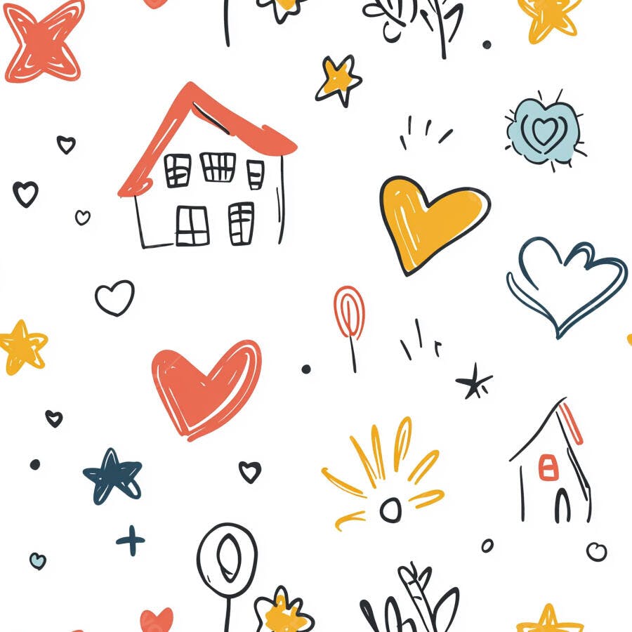 Padrão sem emenda com casas corações e estrelas em estilo doodle infantil