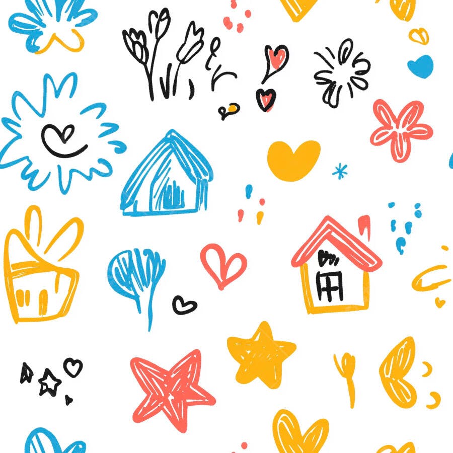 Padrão infantil doodles coloridos casas corações estrelas flores estilo giz de cera