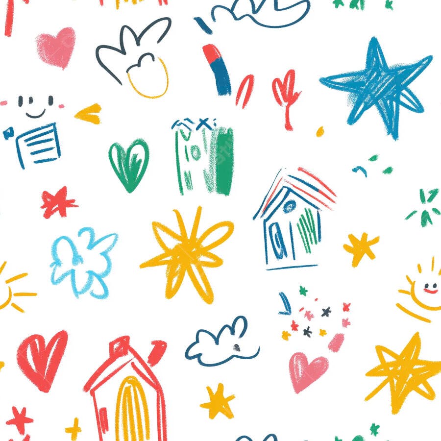 Padrão sem emenda de desenhos infantis coloridos com corações estrelas e casas em fundo branco