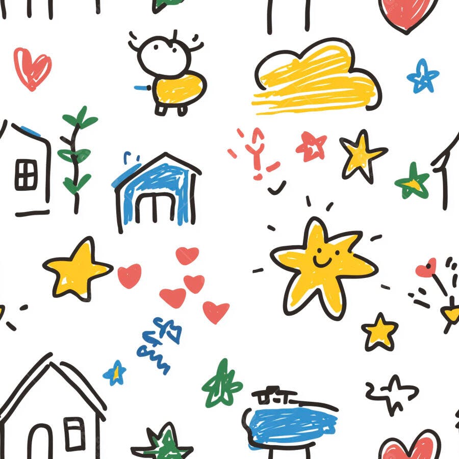 Padrão de desenhos infantis coloridos com casas estrelas e corações alegres