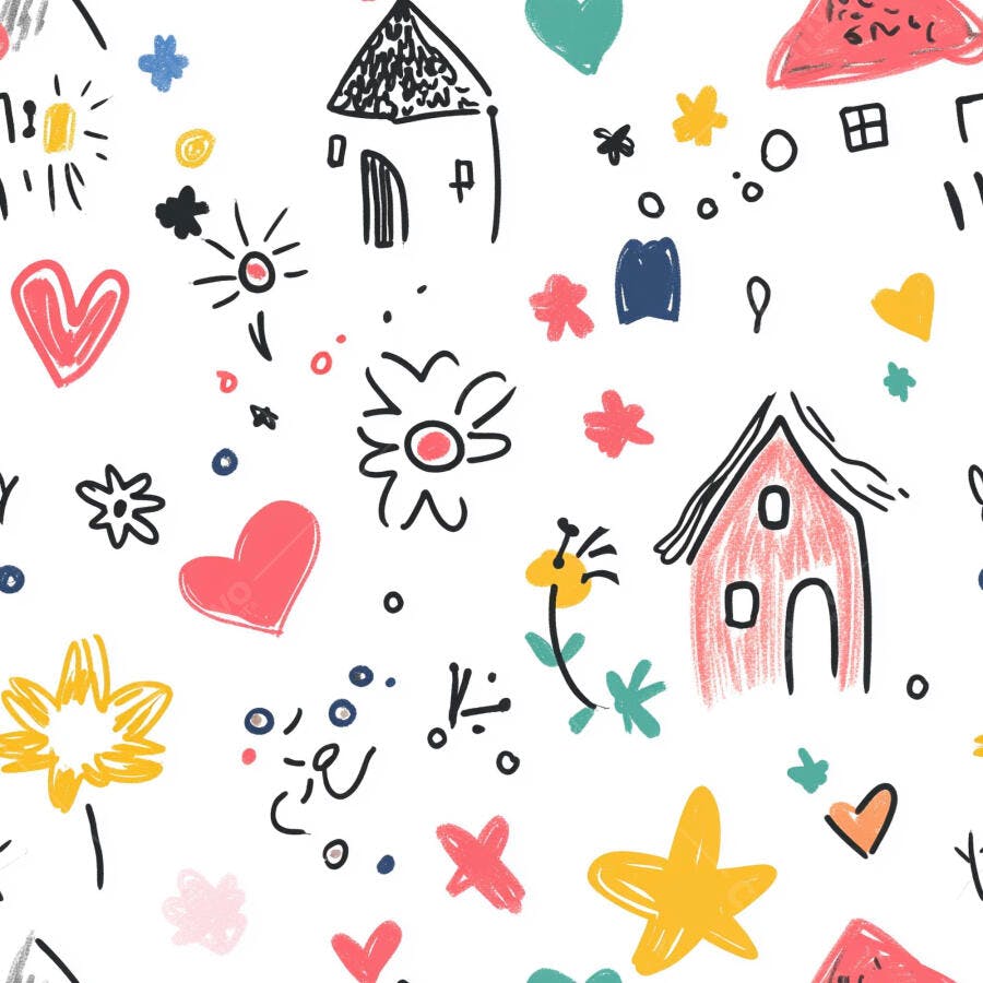 Padrão infantil de casas corações e flores coloridas estilo doodle