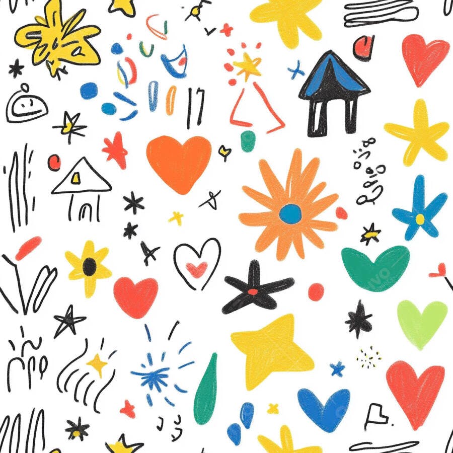Padrão infantil de corações estrelas e flores coloridas em fundo branco