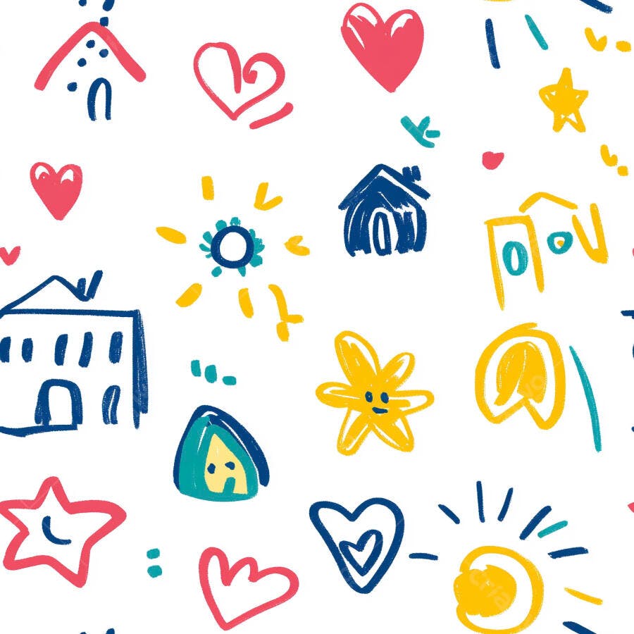Desenhos infantis casas corações sol estrelas coloridos padrão divertido