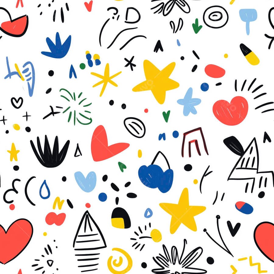Padrão abstrato colorido com doodles e formas geométricas em fundo branco