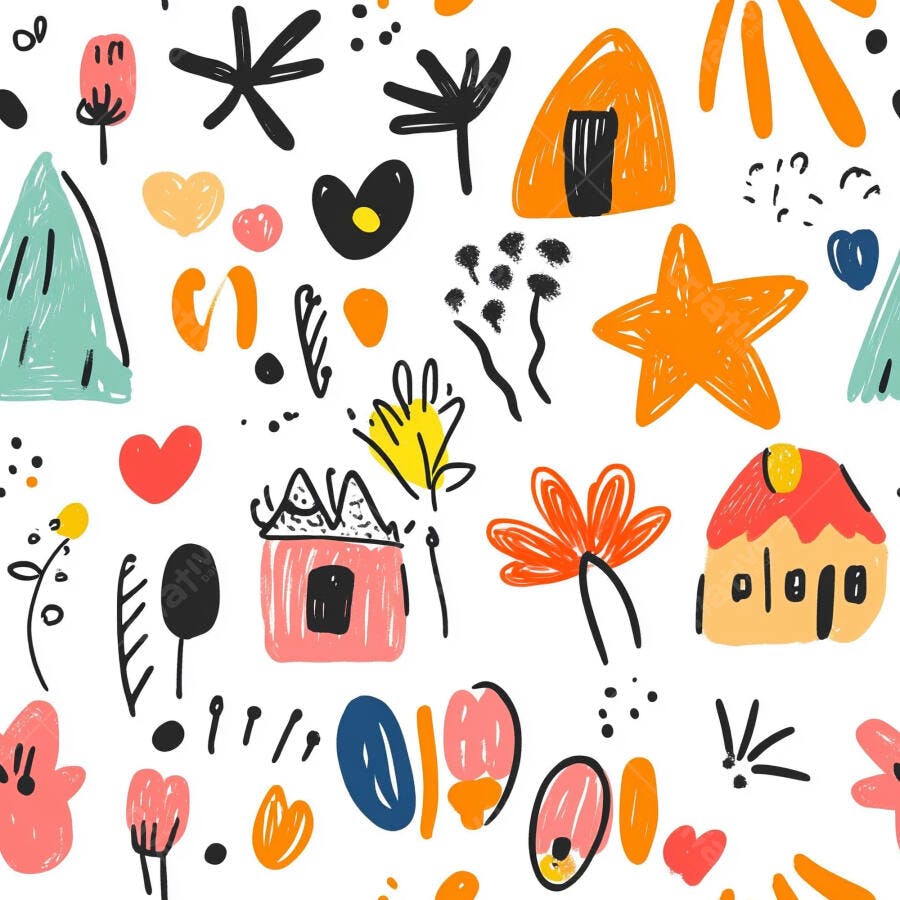 Padrão infantil de desenhos coloridos casas corações e estrelas em fundo branco