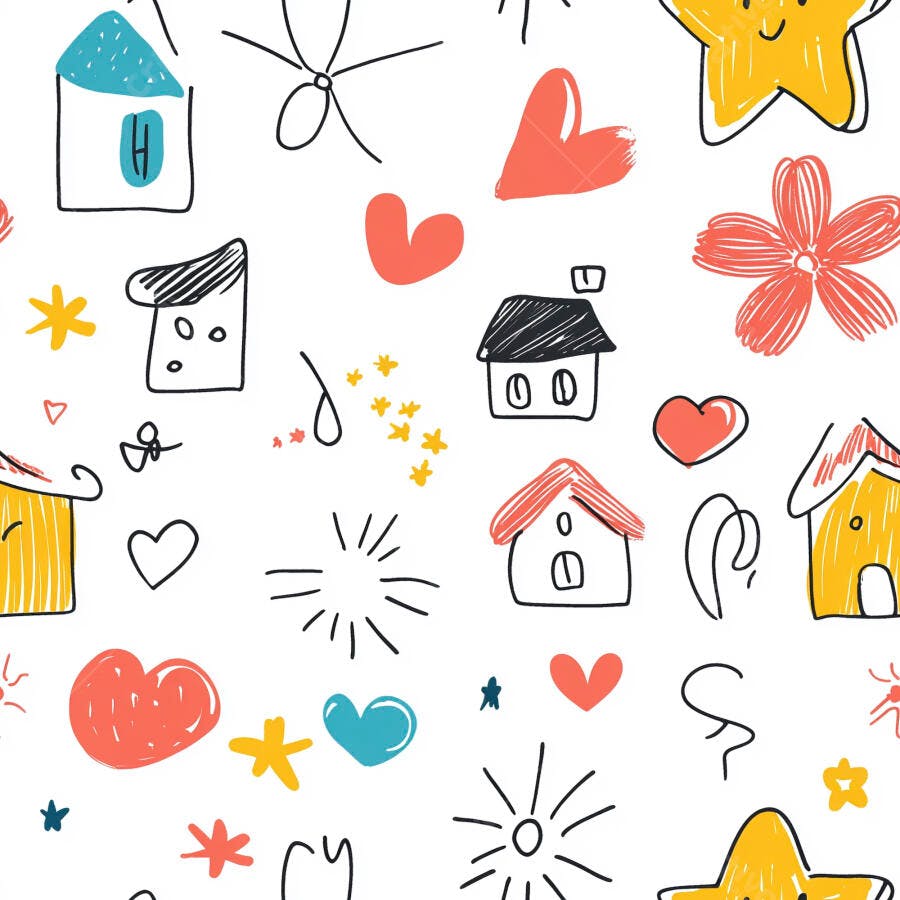 Padrão de doodles infantis casas corações estrelas coloridas