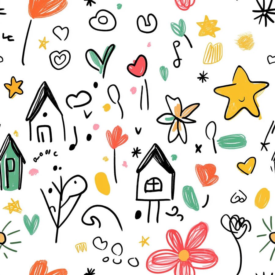 Estampa infantil com casas corações e flores coloridas em fundo branco
