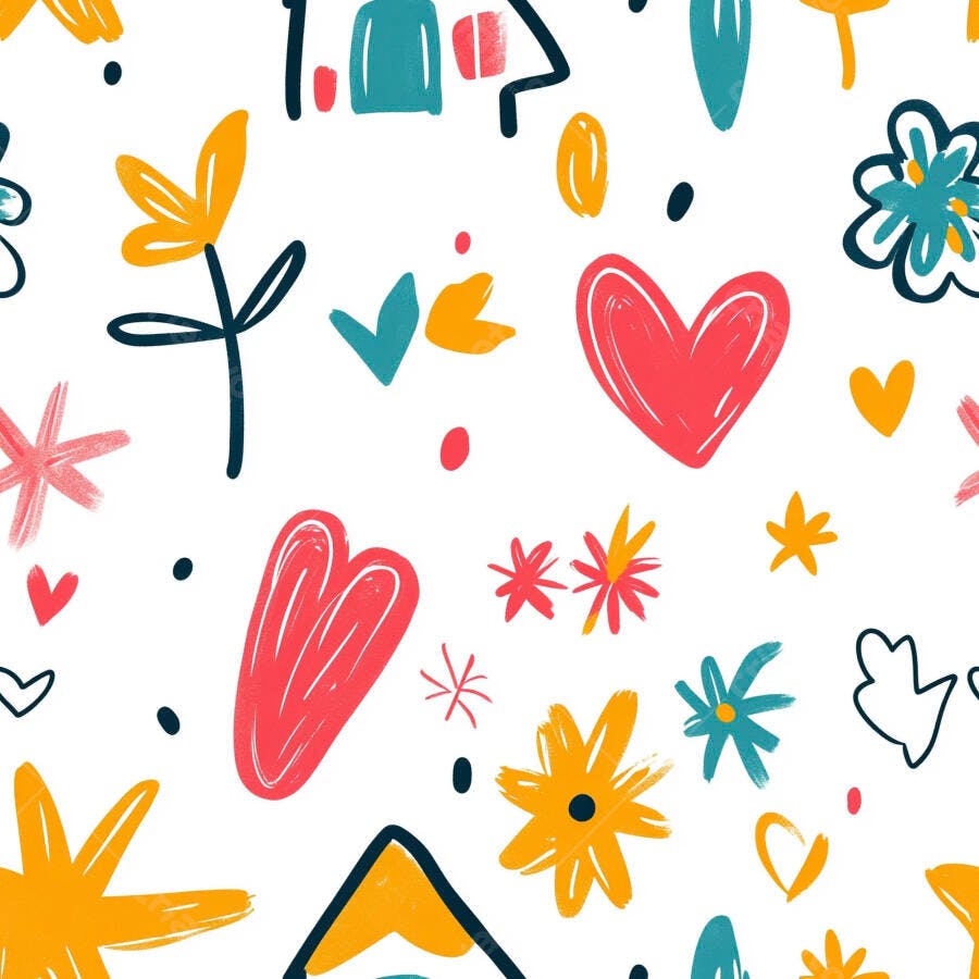 Padrão abstrato doodle com corações flores e estrelas vibrantes em fundo branco