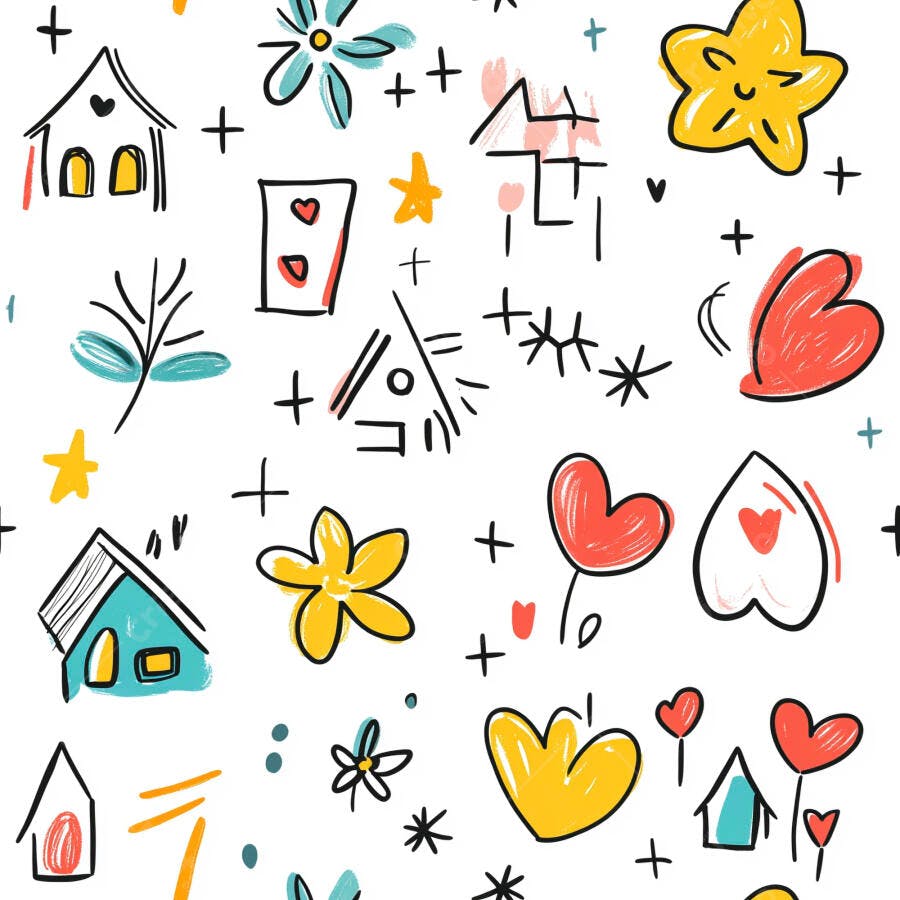 Padrão de desenhos infantis coloridos casas corações flores em fundo branco
