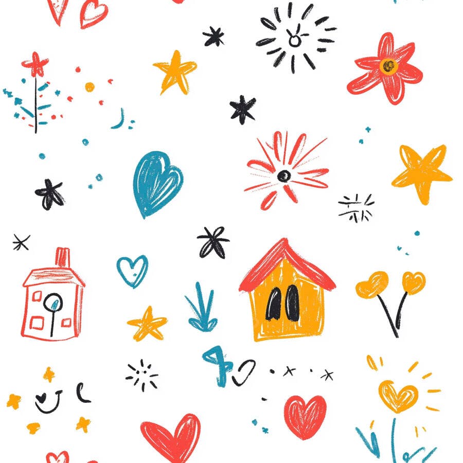 Padrão de doodles infantis com corações casas e estrelas coloridas