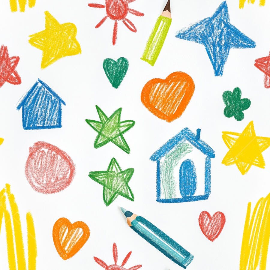 Padrão colorido de desenhos infantis com estrelas corações casas e lápis de cor