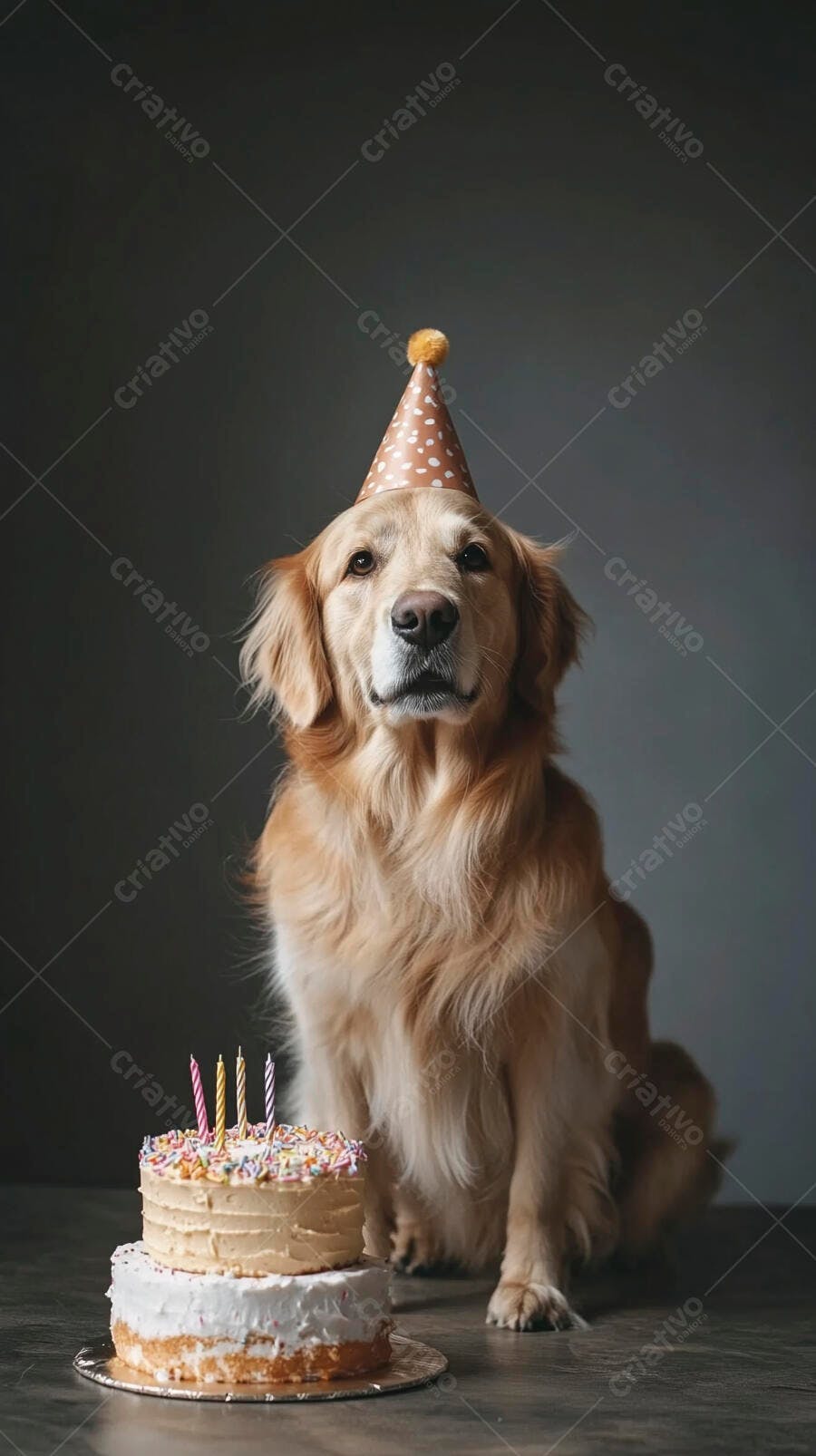 Cachorro Golden Retriever com chapéu de festa e bolo de aniversário fundo escuro