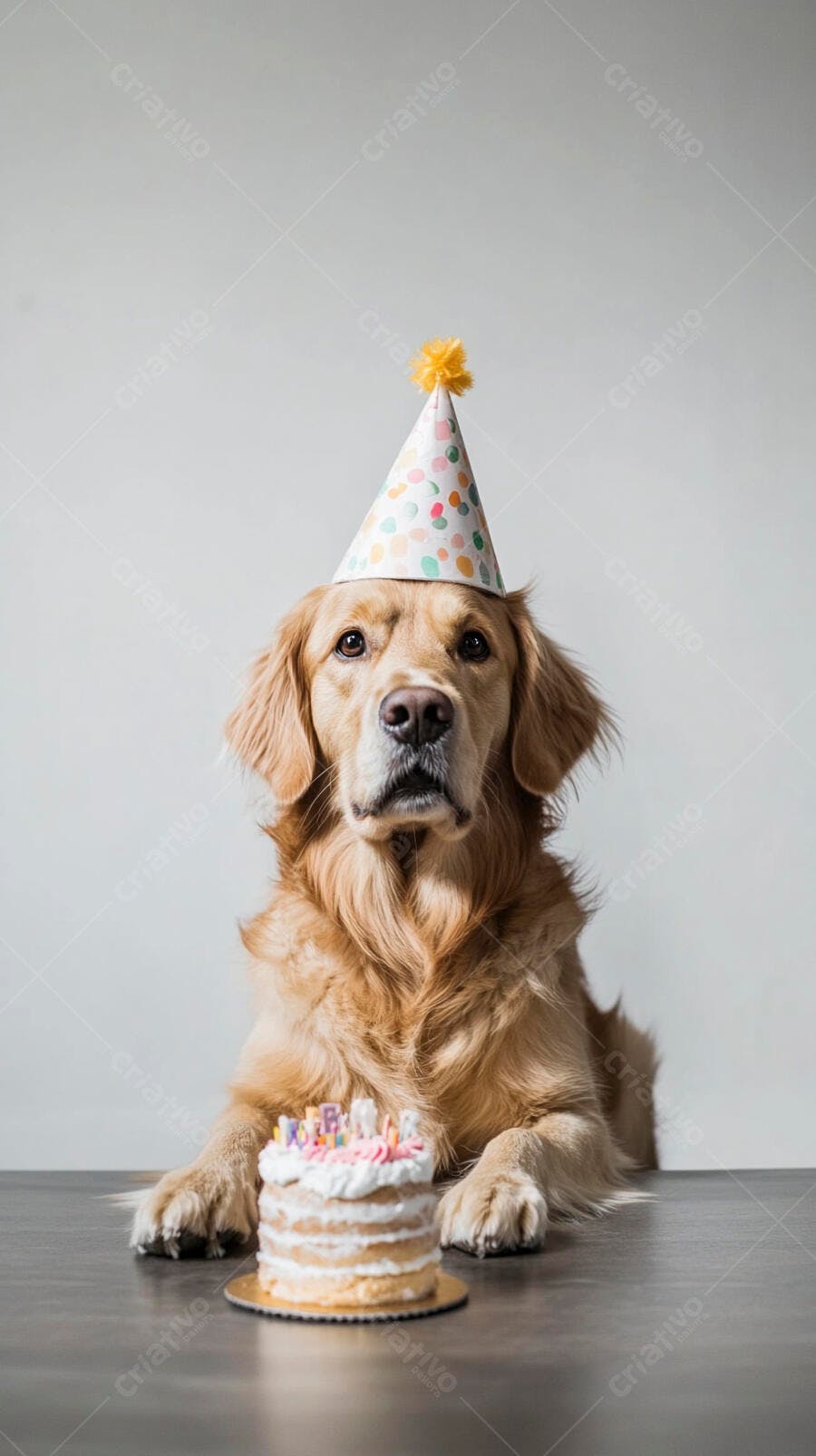 Golden Retriever de festa com chapéu e bolo de aniversário em estúdio