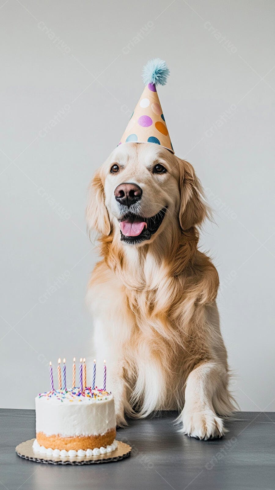 Golden Retriever feliz com chapéu de festa e bolo de aniversário com velas acesas