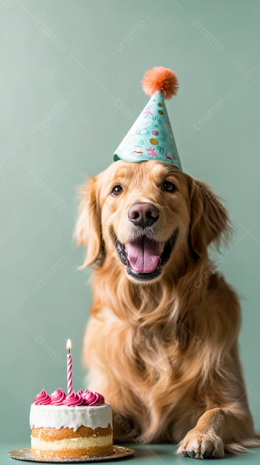Cachorro Golden Retriever feliz com chapéu de festa e bolo de aniversário