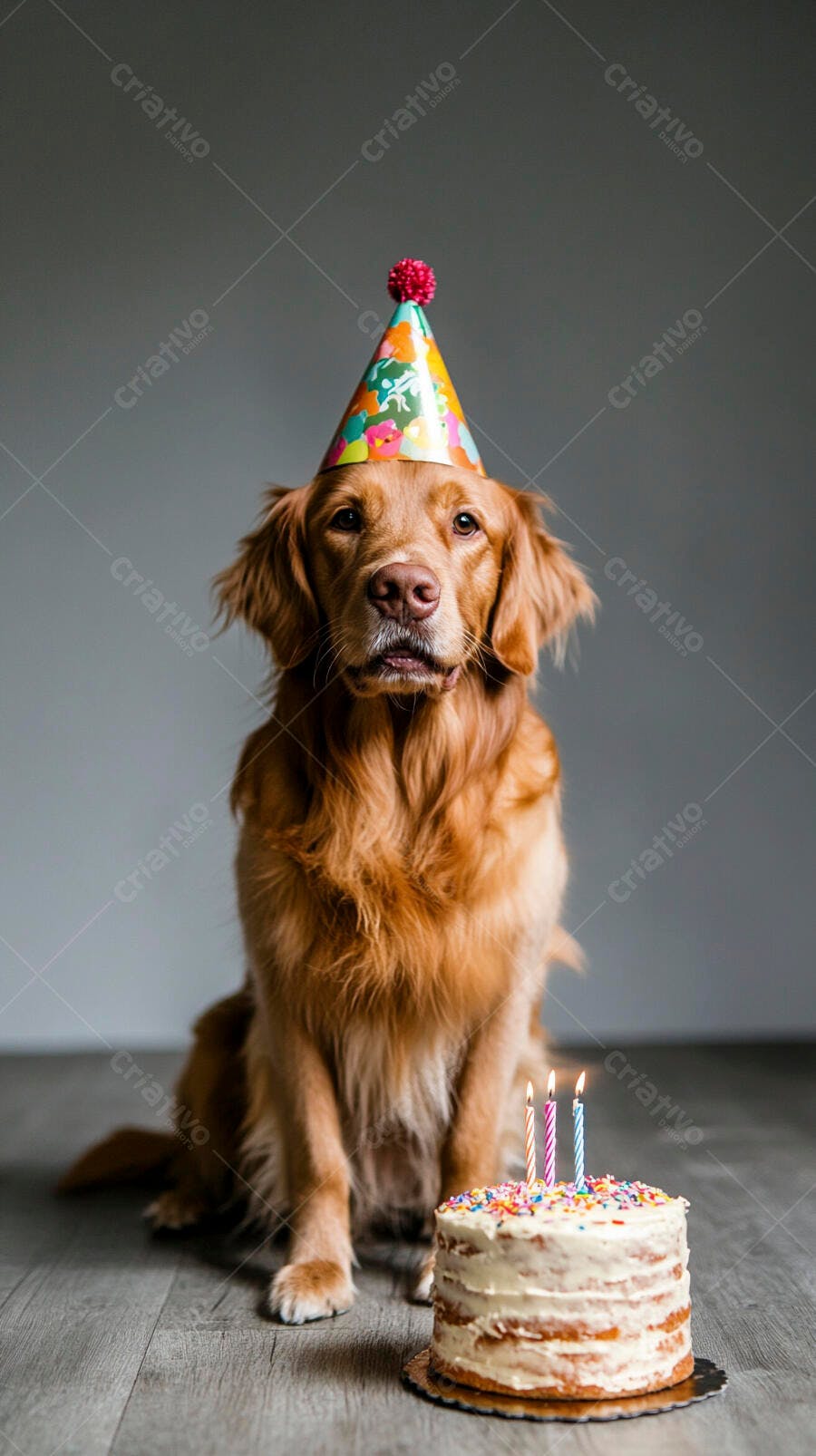 Cachorro Golden Retriever dourado usando chapéu de festa com bolo de aniversário e velas