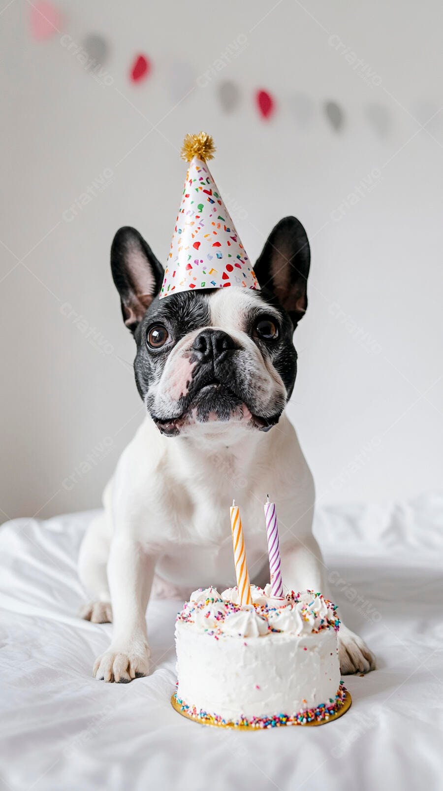 Buldogue francês preto e branco com chapéu de festa e bolo de aniversário
