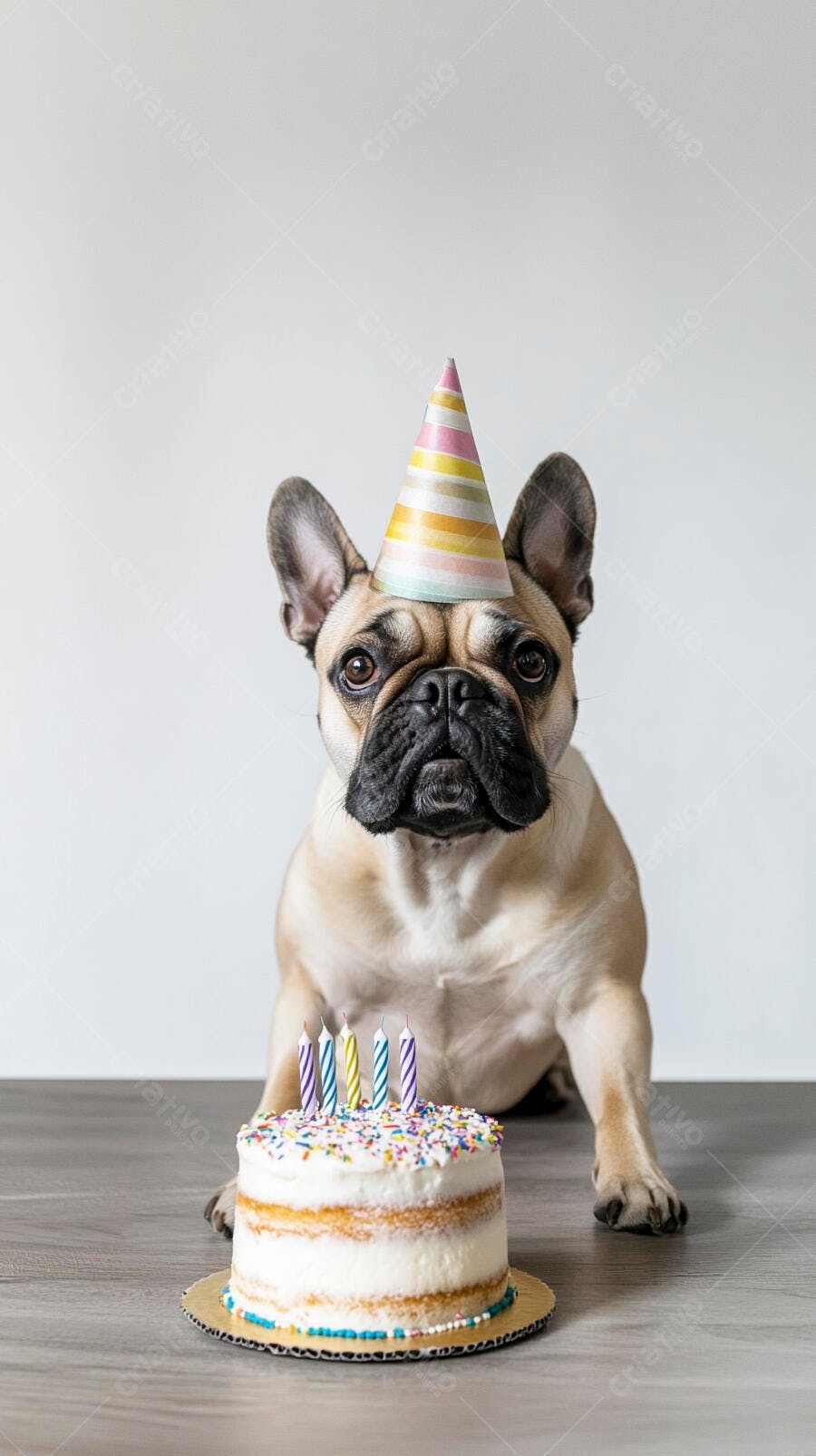 Cachorro Bulldog Francês bege com chapéu de festa e bolo de aniversário colorido