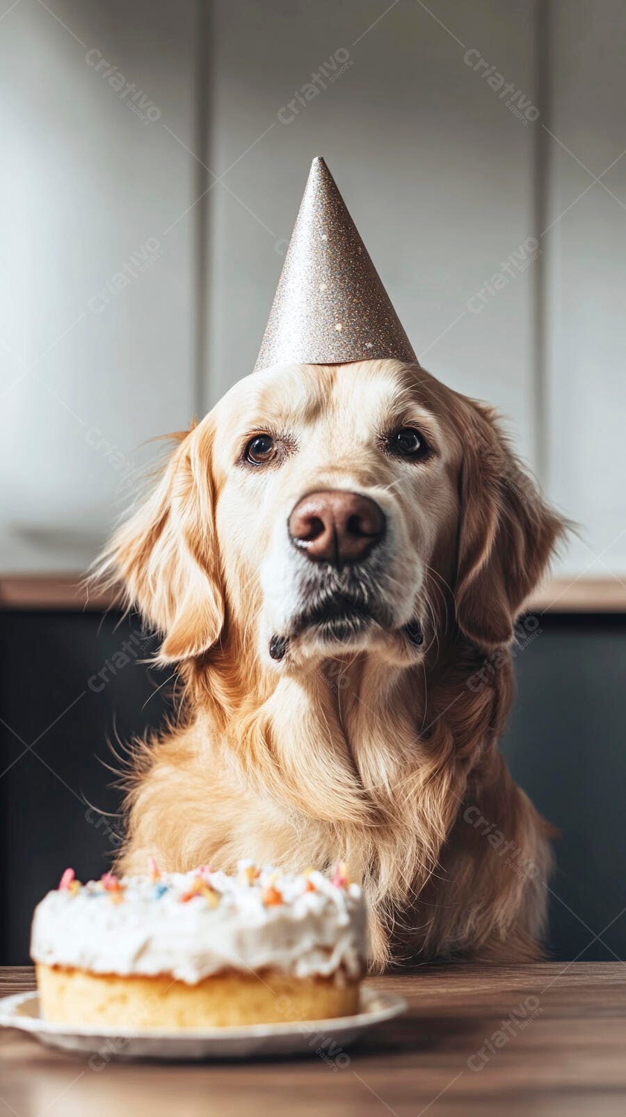 Cão Golden Retriever com chapéu de festa e bolo de aniversário