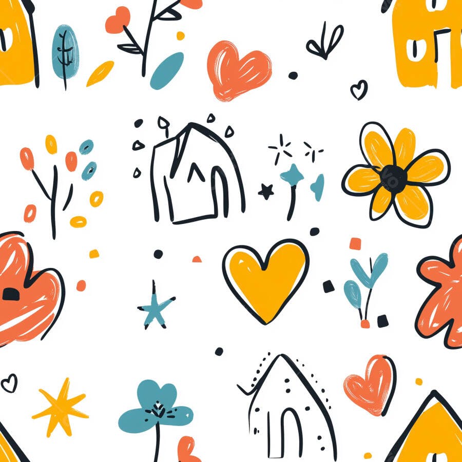 Padrão de desenho infantil com casas, corações e flores coloridas