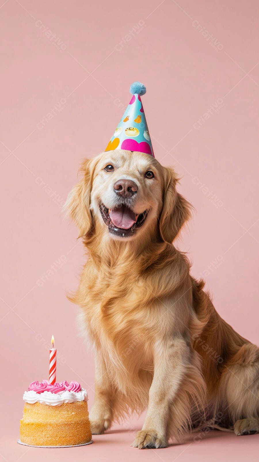 Cachorro Golden Retriever feliz com chapéu de festa e bolo de aniversário rosa