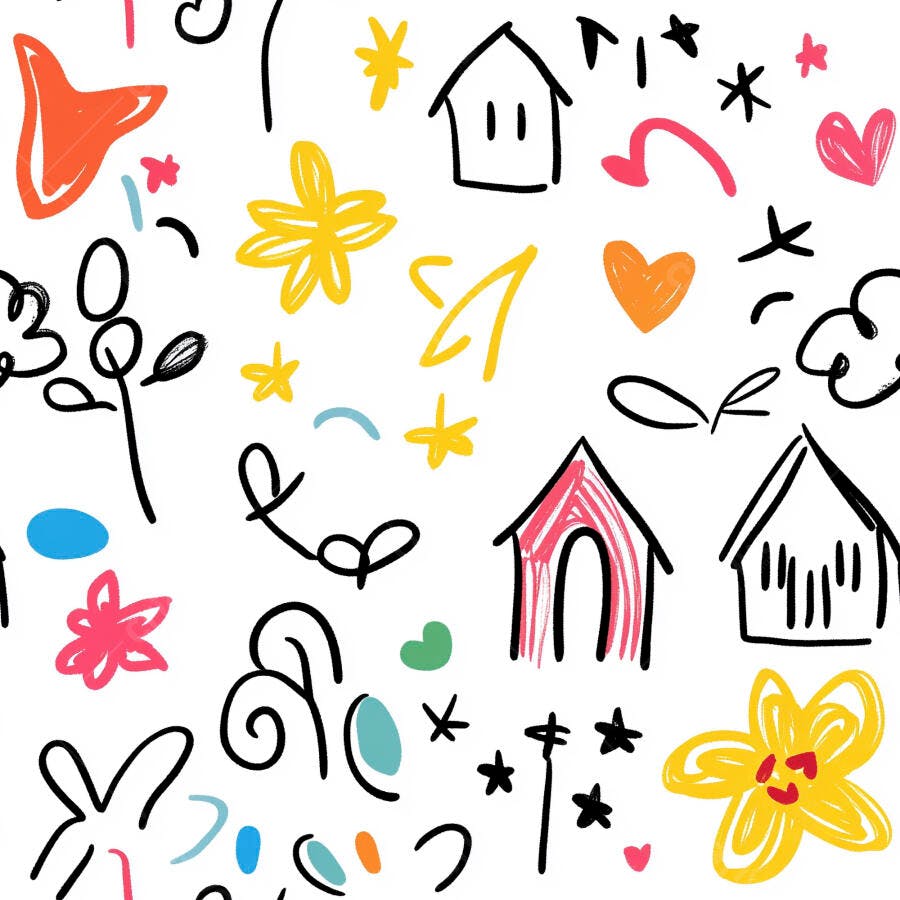 Padrão de doodles infantis coloridos com casas e estrelas em fundo branco