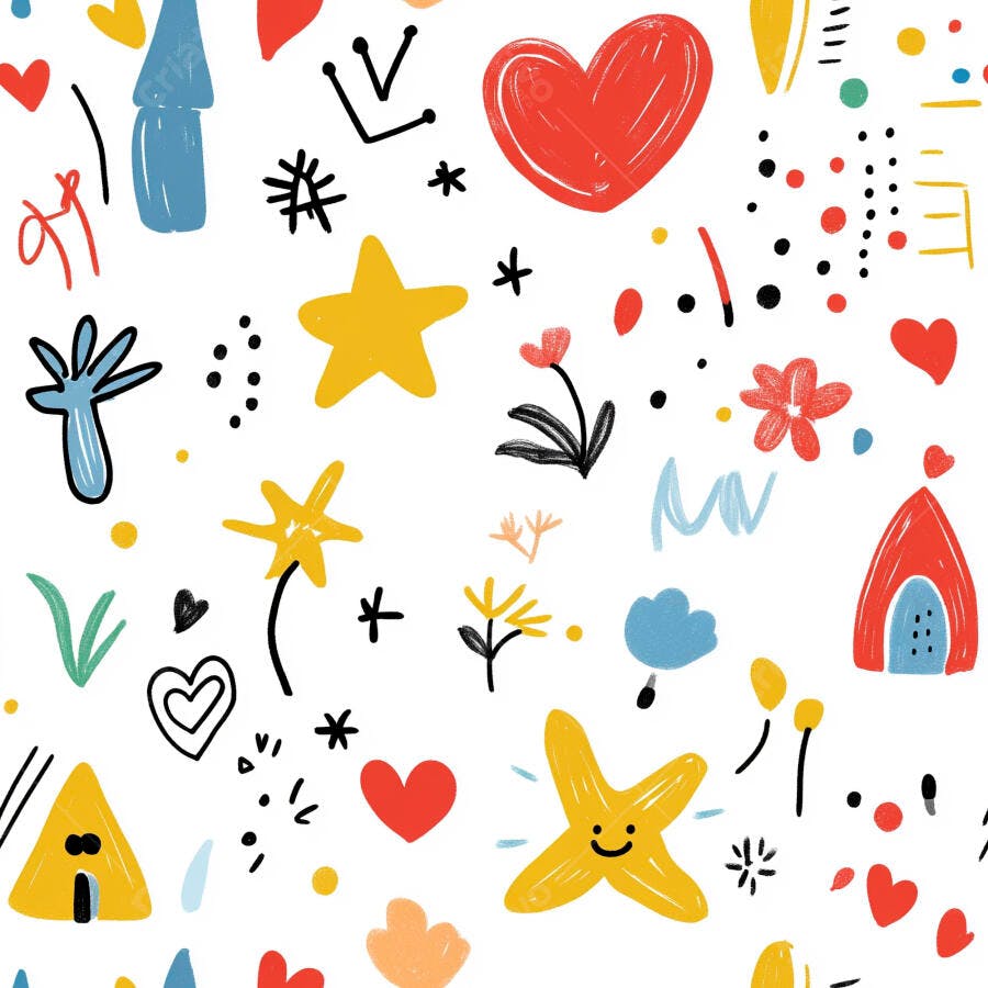 Padrão infantil com desenhos coloridos de corações estrelas e casas em fundo branco