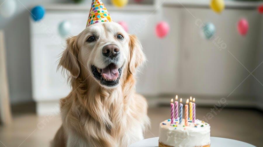 Cachorro Golden Retriever feliz com chapéu de festa celebrando aniversário com bolo e velas