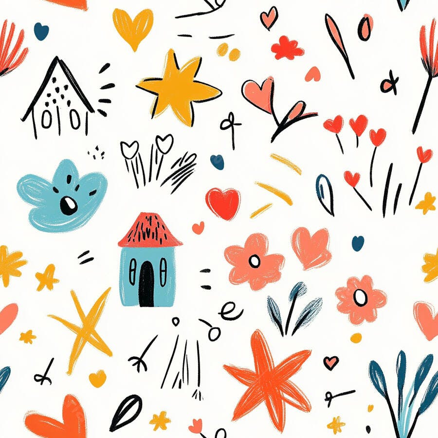 Padrão infantil de casas estrelas e corações coloridos em fundo branco