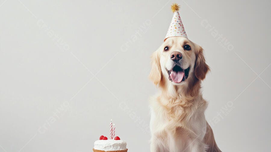Cachorro Golden Retriever feliz com chapéu de festa e bolo de aniversário em estúdio