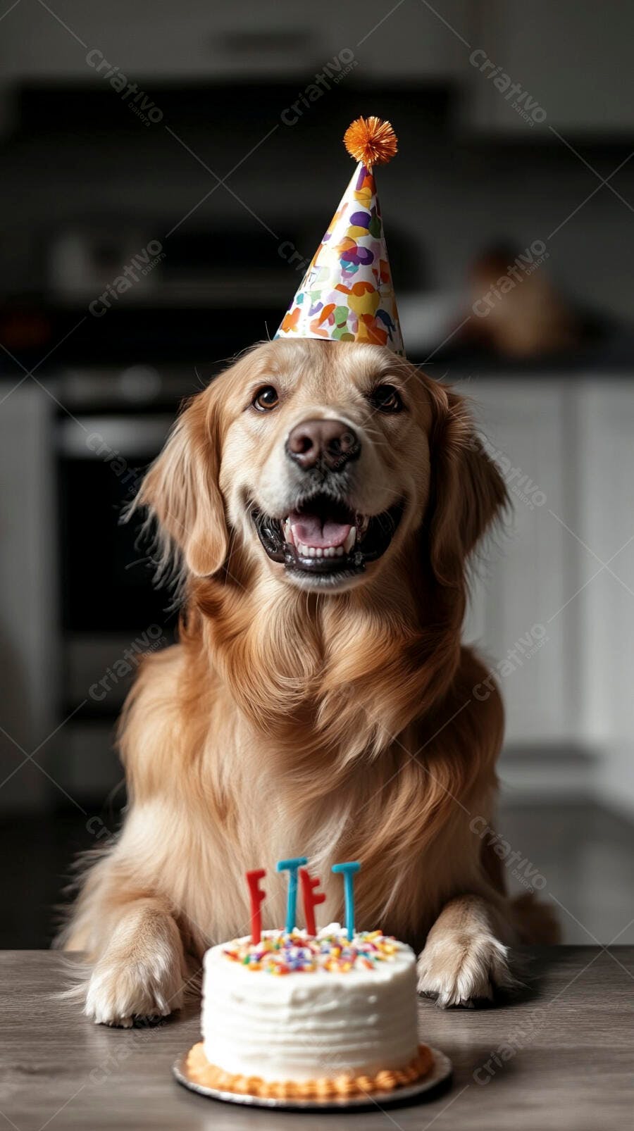 Golden Retriever feliz com chapéu de festa e bolo de aniversário