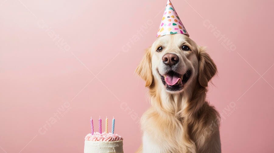Cachorro Golden Retriever feliz com chapéu de festa e bolo de aniversário em fundo rosa