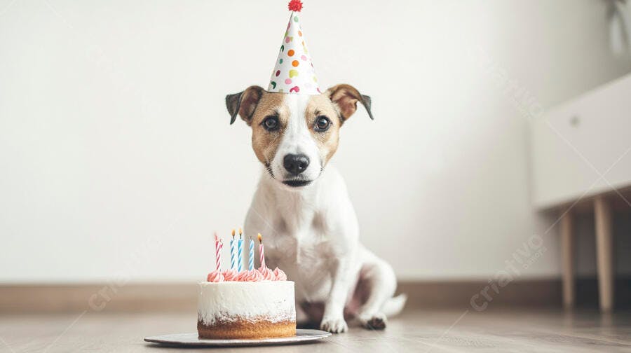 Cachorro Jack Russell com chapéu de festa e bolo de aniversário com velas acesas