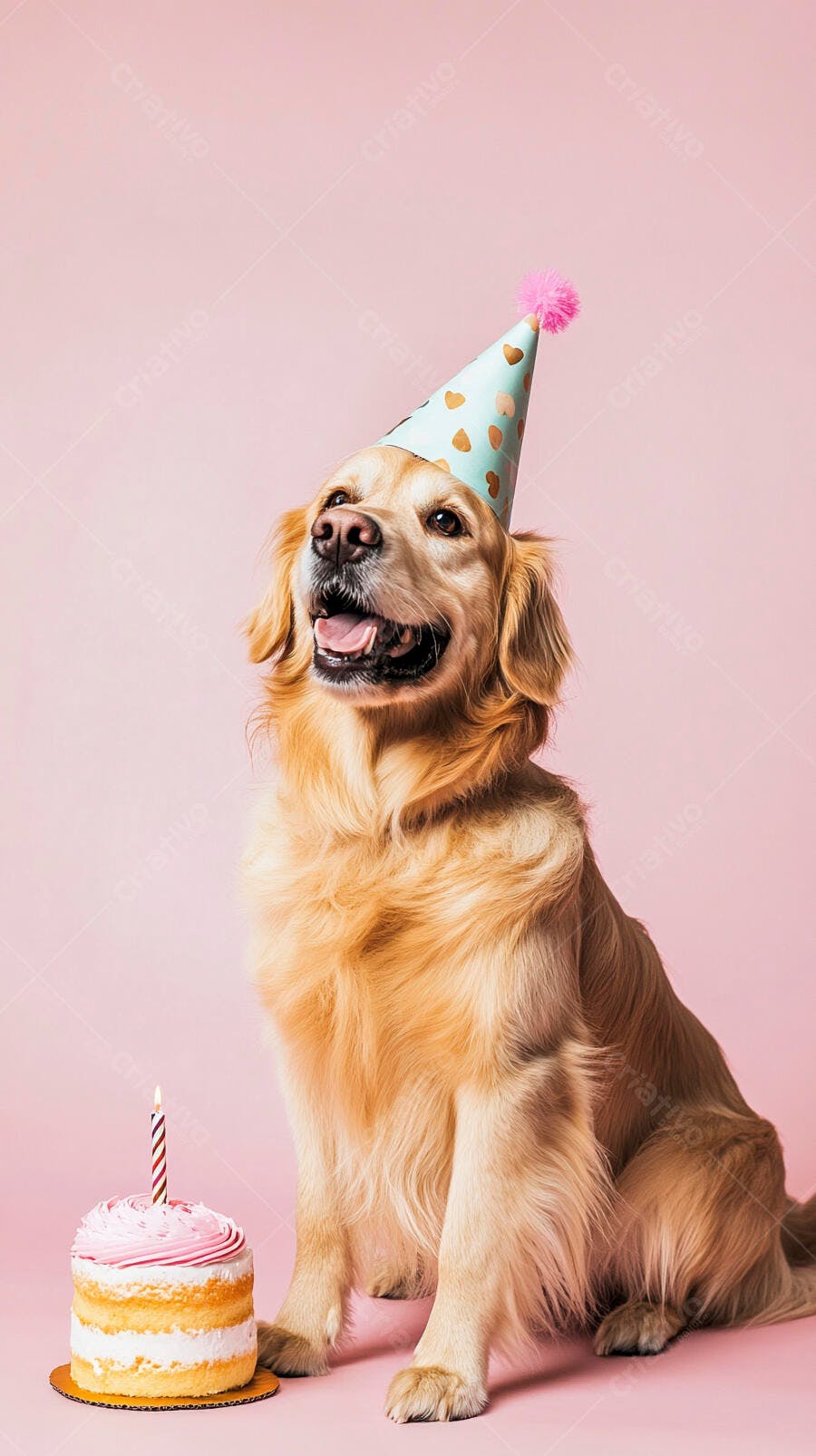 Golden Retriever feliz com chapéu de festa e bolo de aniversário rosa