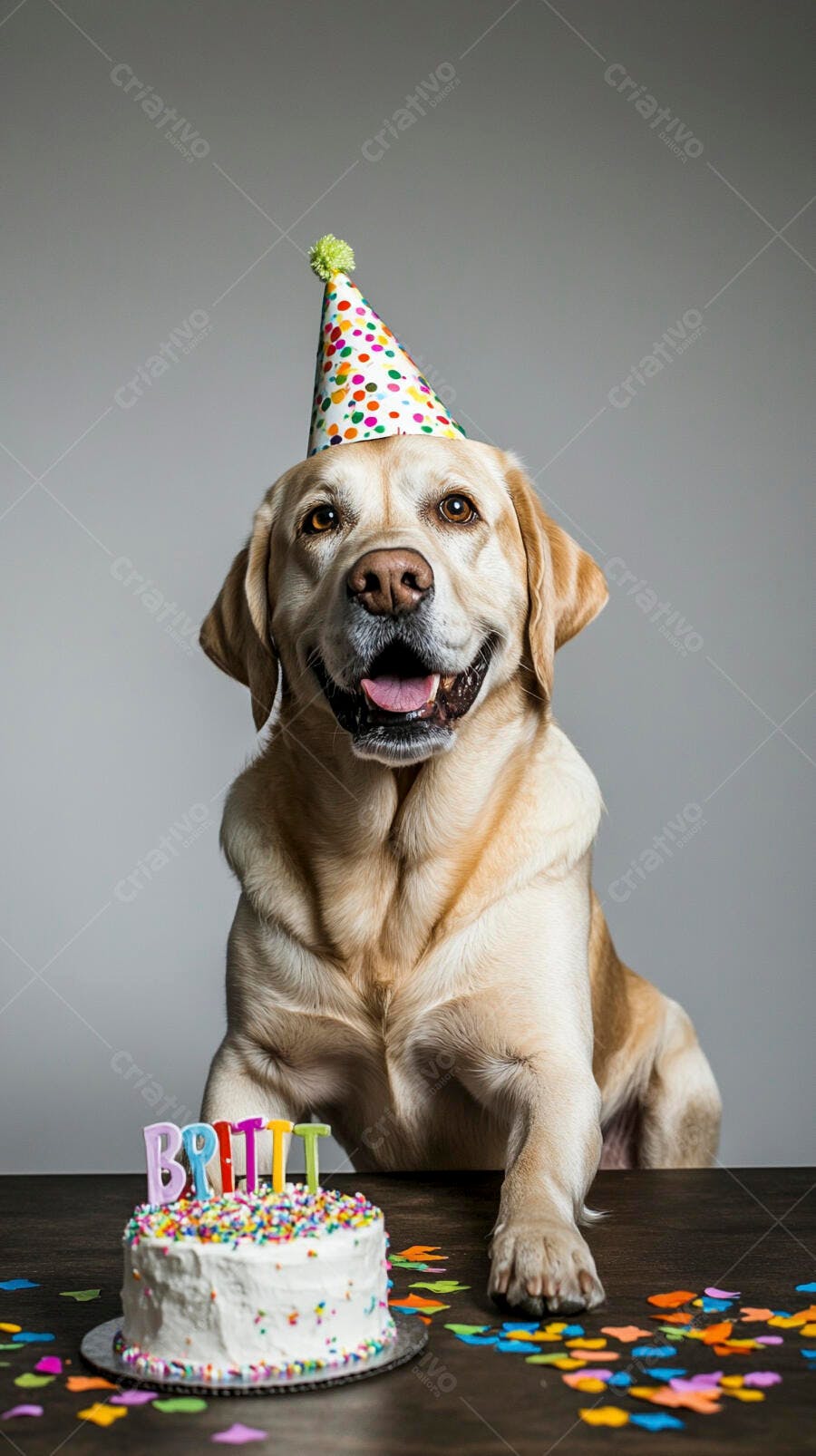 Cachorro labrador feliz com chapéu de festa e bolo de aniversário