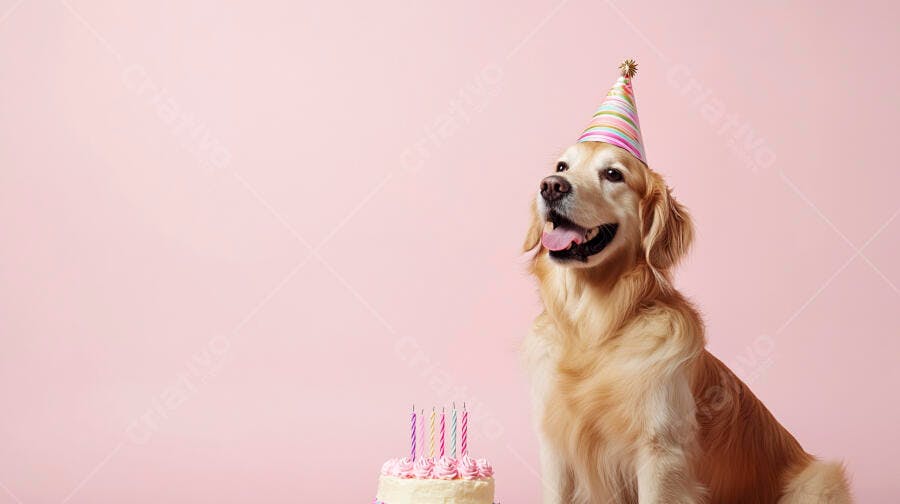 Cachorro Golden Retriever em festa de aniversário com bolo e chapéu colorido