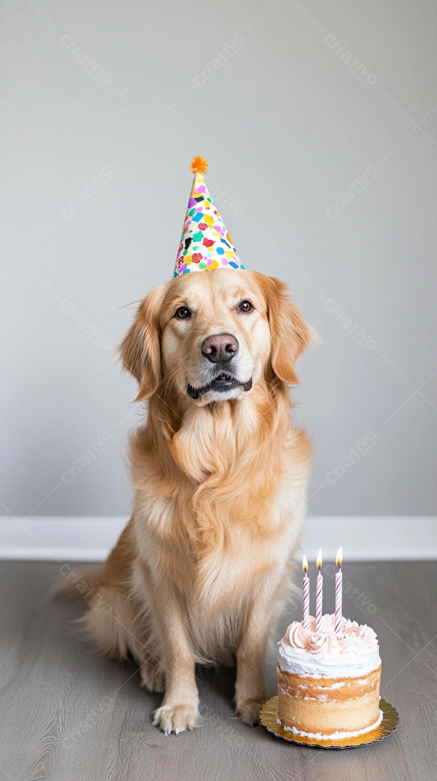 Cachorro Golden Retriever dourado com chapéu de festa e bolo de aniversário