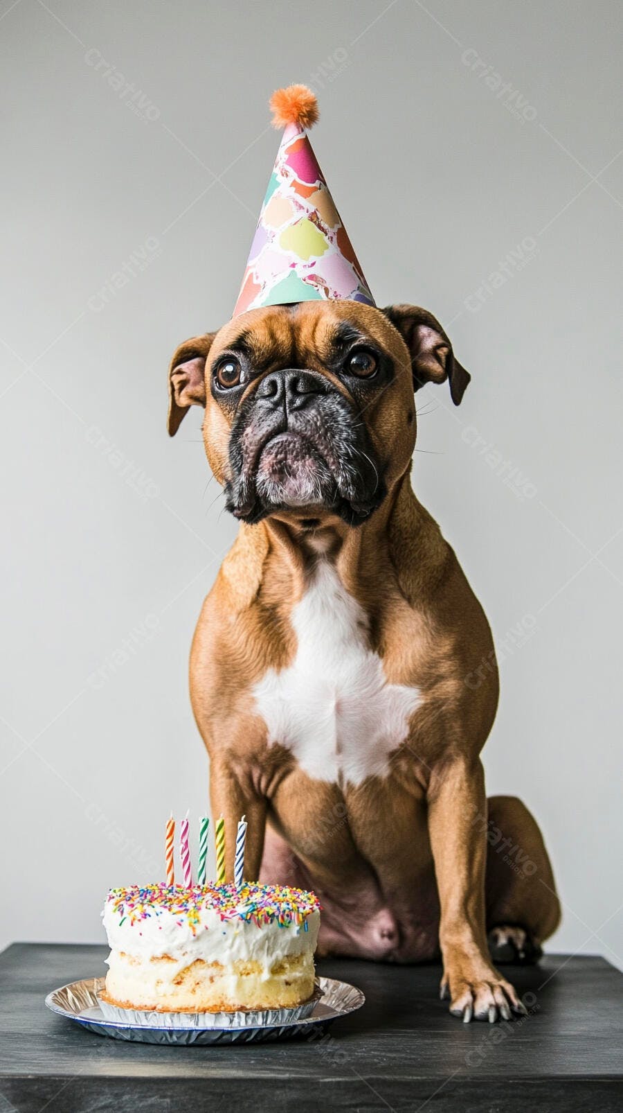 Cachorro Boxer marrom e branco com chapéu de festa e bolo de aniversário