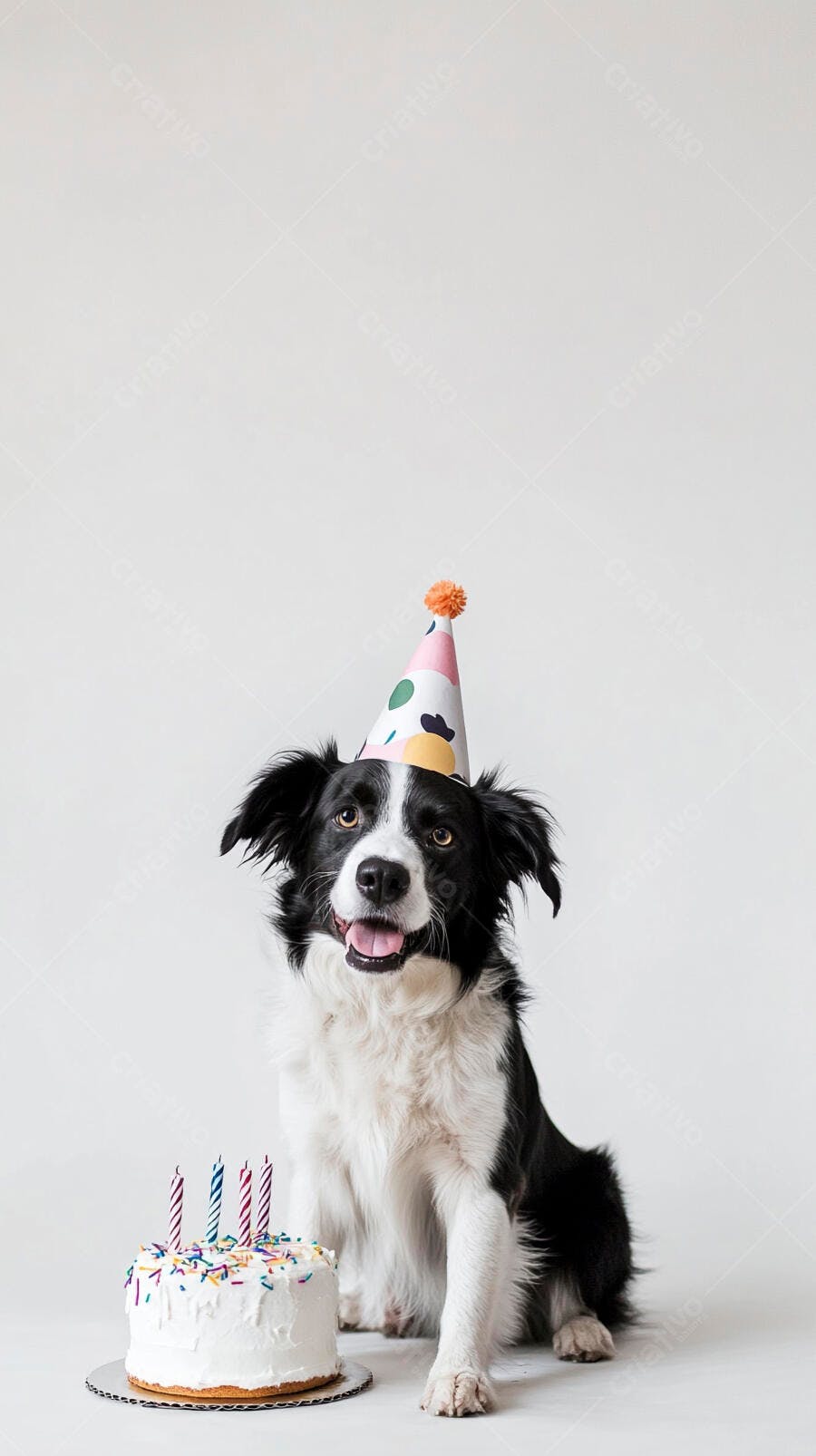 Cachorro Border Collie preto e branco com chapéu de festa e bolo de aniversário fundo branco