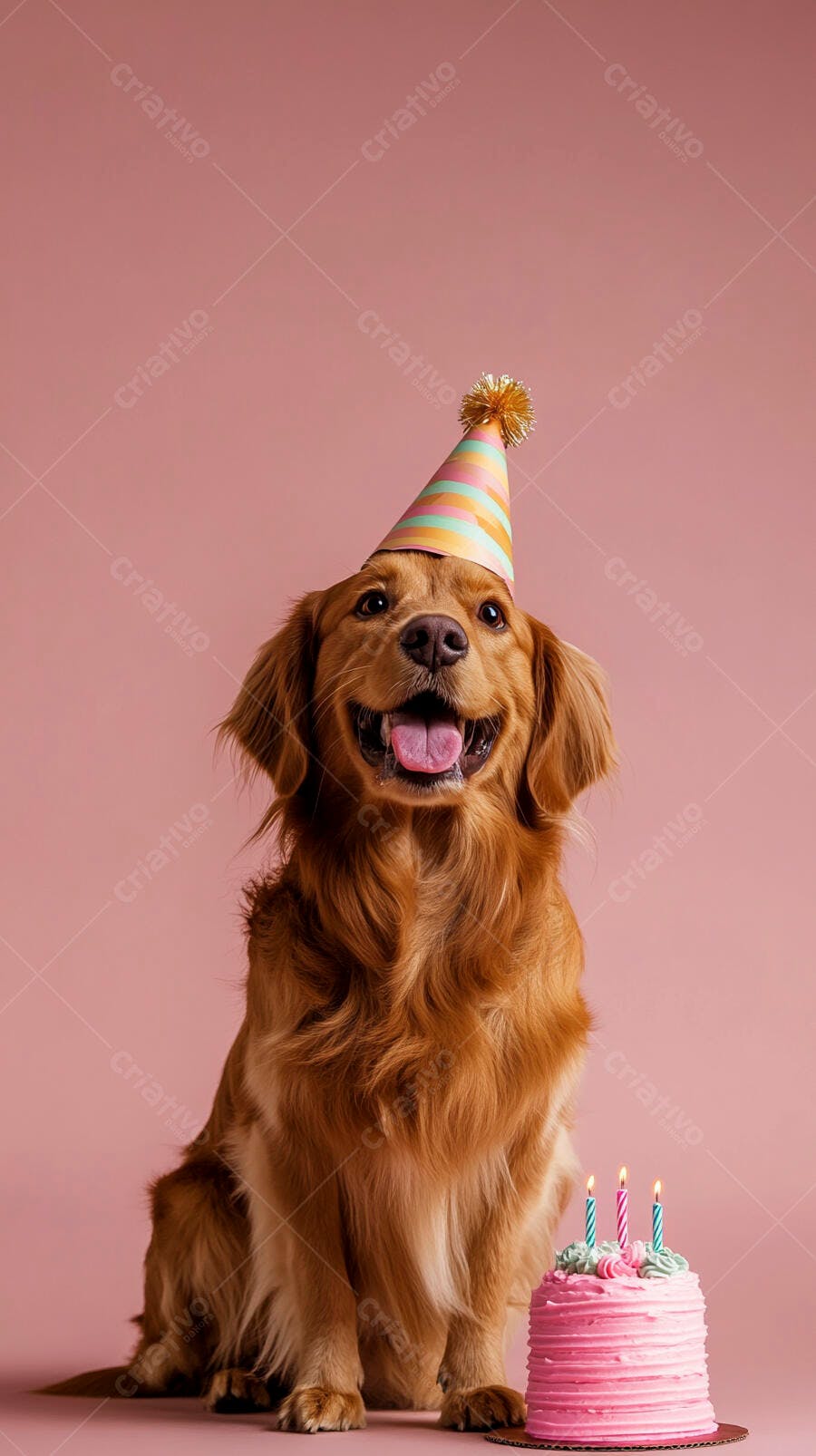 Cachorro Golden Retriever feliz com chapéu de aniversário e bolo rosa