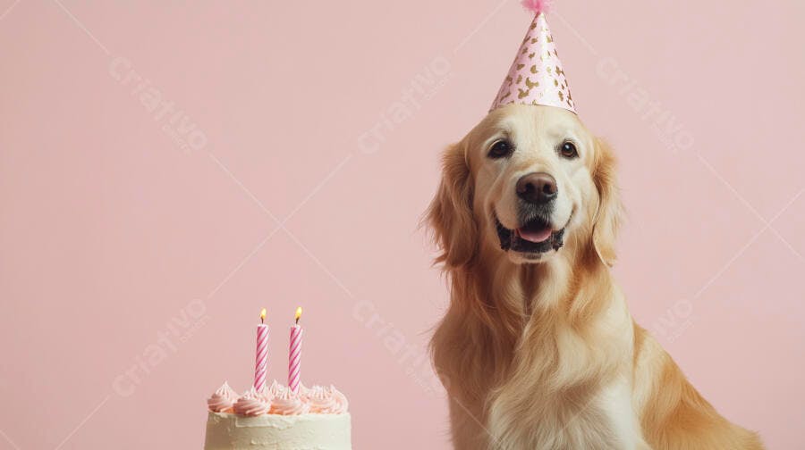 Golden Retriever feliz com chapéu de festa rosa e bolo de aniversário