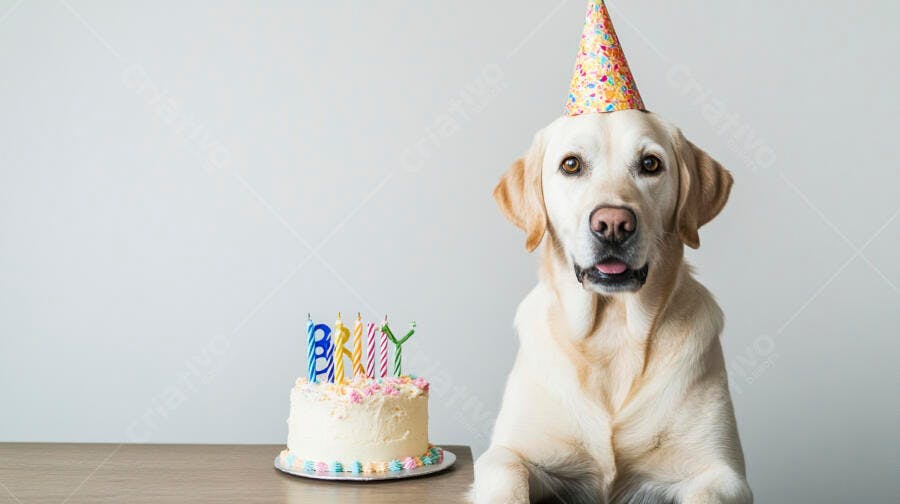 Cão labrador creme com chapéu de festa e bolo de aniversário em estúdio