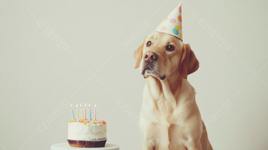 Cachorro Labrador com chapéu de festa e bolo de aniversário