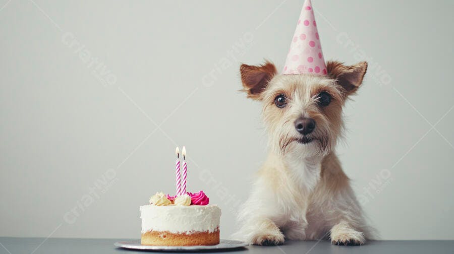 Cachorro fofo com chapéu de festa rosa e bolo de aniversário com velas acesas