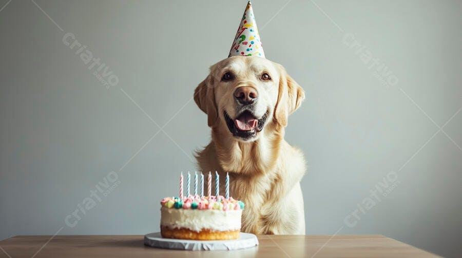 Cachorro Golden Retriever feliz com chapéu de festa e bolo de aniversário com velas