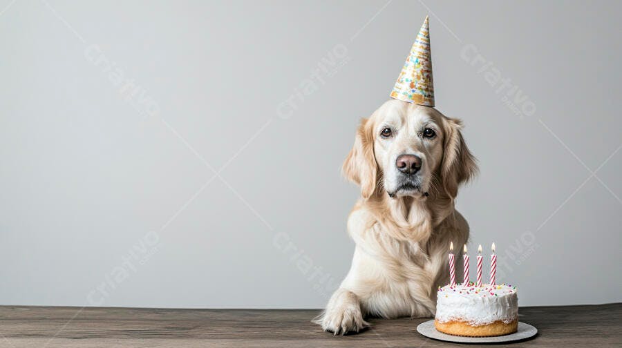 Golden Retriever com chapéu de festa e bolo de aniversário com velas