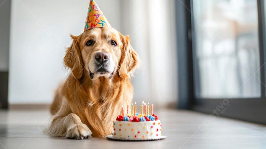 Golden Retriever fofo com chapéu de festa e bolo de aniversário em casa