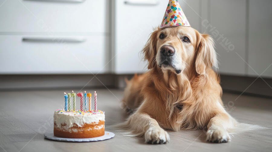 Cachorro Golden Retriever com chapéu de festa e bolo de aniversário no chão