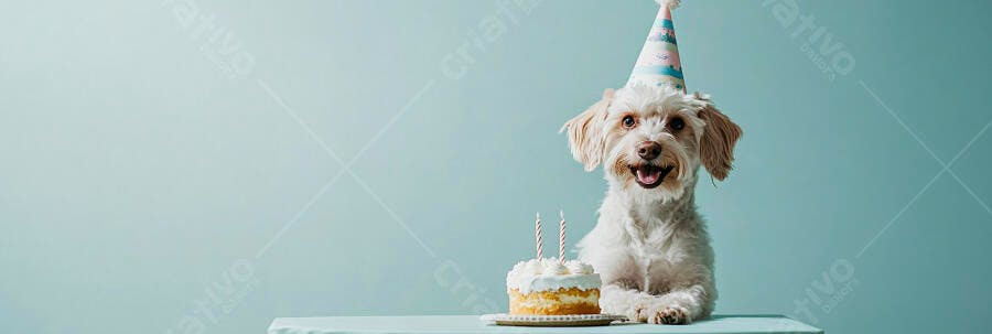 Cachorro branco feliz usando chapéu de festa com bolo de aniversário fundo azul claro
