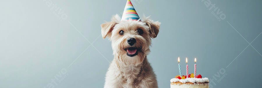 Cachorro pequeno feliz com chapéu de festa e bolo de aniversário em fundo azul